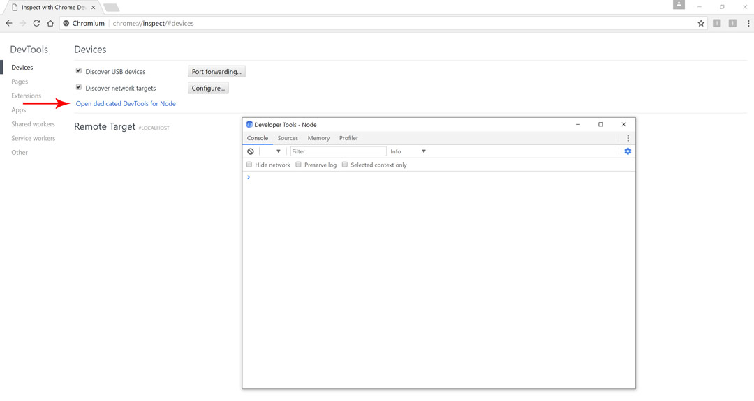 کنسول کروم برای nodejs inspector