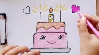 نقاشی کیک تولد بامزه با مداد رنگی