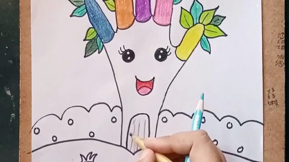 آموزش نقاشی خانه درختی فانتزی با دست برای بچه ها