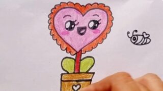 نقاشی گل قلبی توی گلدان با مداد رنگی