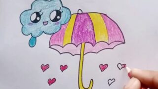 نقاشی ابر و چتر با مداد رنگی