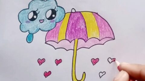 آموزش نقاشی چتر ساده و آسان زیر باران با مداد رنگی برای کودکان!